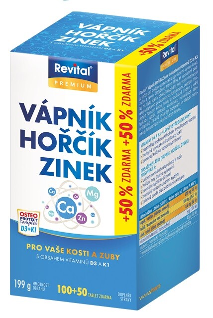 Fotografie Revital Vápník+hořčík+zinek+vit.D3+K1 tbl.100+50 VITAR
