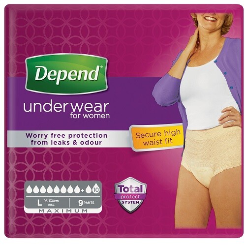 Fotografie Depend Inkontinenční kalhotky Maximum L pro ženy 9 ks