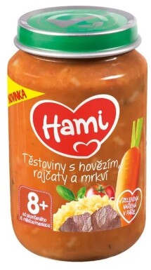 Hami Těstoviny s hovězím rajčaty a mrkví 200g 8M+