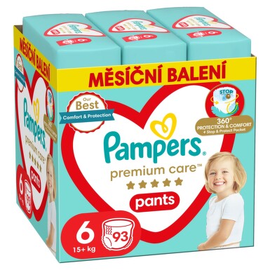 Pampers Premium Care kalhotkové plenky velikost 6 15+kg měsíční balení 93 ks