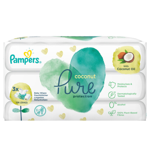 Pampers Coconut Pure Dětské čistící ubrousky 3x42ks
