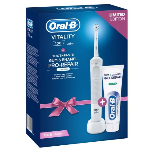 Oral-B Elektrický kartáček Vitality D100 White Sensitive + Zubní pasta ProRepair