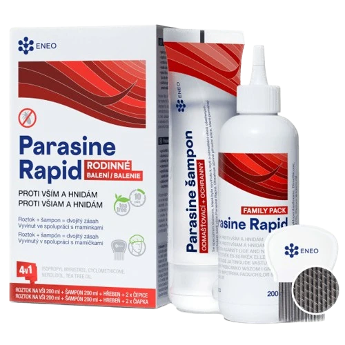 Parasine Rapid roztok a šampon proti vším a hnidám rodinné balení +všiváček+čepice 2x200ml ENEO