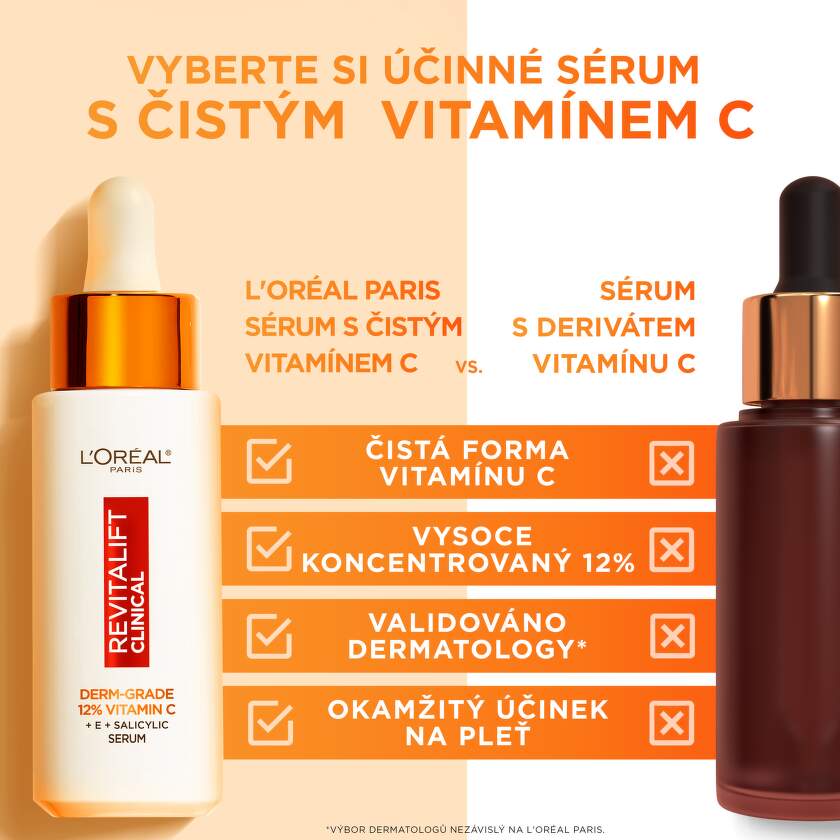 L?Oréal Paris Revitalift Clinical sérum s vitaminem C 30ml Sérum obsahuje vysoce koncentrovaný 12% čistý vitamín C, nikoliv jen jeho derivát. Má okamžitý účinek na pleť a je validován dermatology*