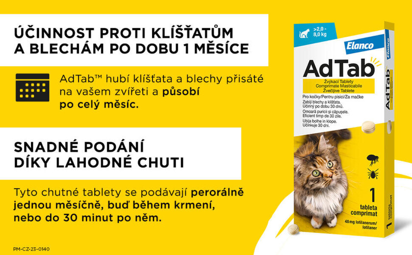 AdTab 48mg žvýkací tablety pro kočky 2-8kg účinnost po dobu 1 měsíce