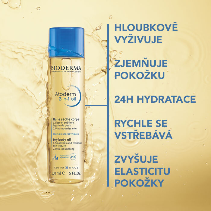 Atoderm Olej 2v1 je dokonalé řešení pro suchou a hrubou pokožku, která potřebuje vyživit.  Olej pokožce dodává hedvábný vzhled s dlouhotrvající hydratací a díky obsahu biomimetických olejů zvyšuje elasticitu pokožky.
