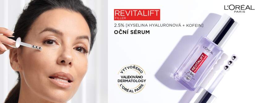 L'Oréal Paris Revitalift Filler Oční sérum s 2,5% kyselinou hyaluronovou pro vyhlazení vrásek, redukci tmavých kruhů a zářivější oční okolí.  benu