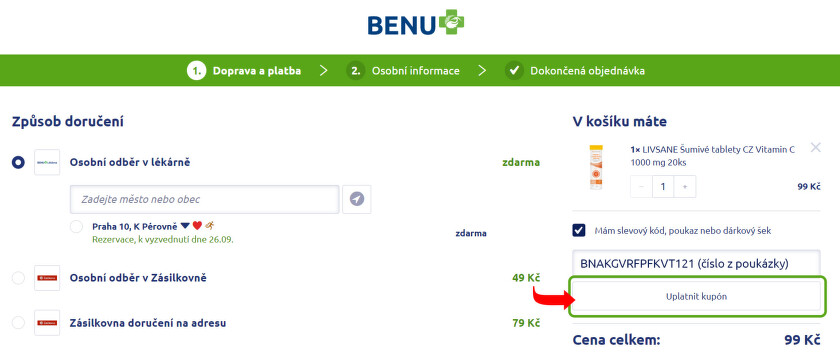 Potvrďte tlačítkem uplatnit kód - vyúčtování BENU Plus